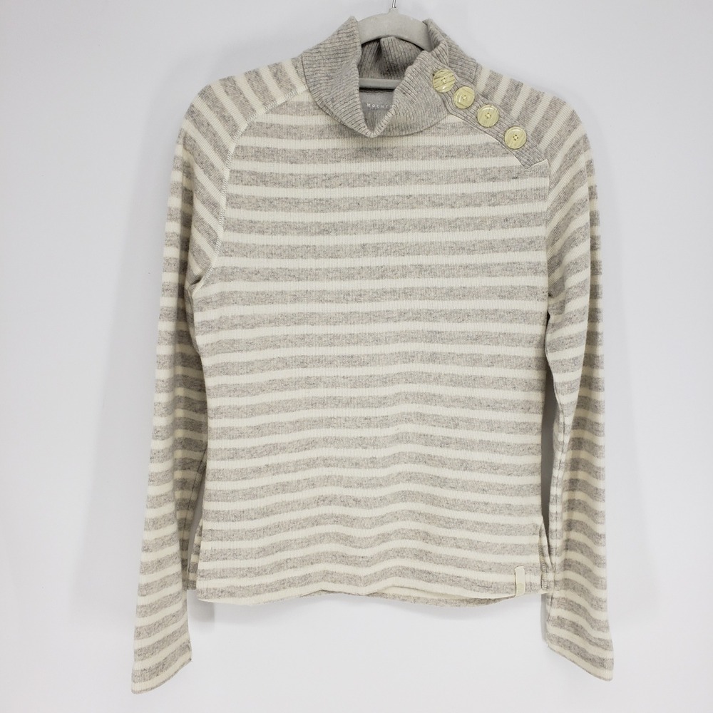 Mountain Hardwear Striped Button Shoulder Turtleneck Sweater Womens M Gray Cream